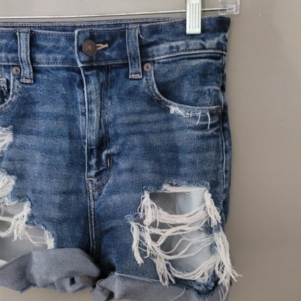 American Eagle distressed Shorts high waist Ripped frayed blue Jean 0 26" - Picture 3 of 6